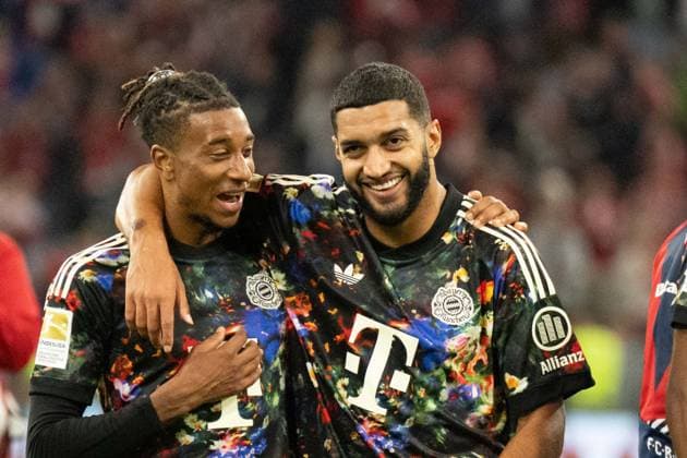 September 18, 2026: Soccer – FC Bayern Munich vs. Union Berlin, Matchday 4 of the Bundesliga at the Allianz Arena in Munich. Ismael Saibari (FC Bayern Munich, 34) and Michael Olise (FC Bayern Munich), 17, talking after the final whistle IMPORTANT NOTICE: In accordance with DFL and DFB regulations, it is prohibited to use or allow the use of photographs taken in the stadium and or during the game in the form of sequential images and or video-like photo series. Copyright: xJamesxZabelx