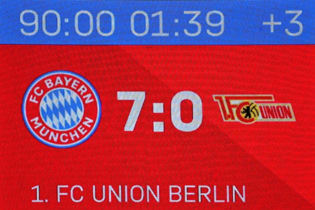 Video wall showing the final score of the 2026–2027 Bundesliga Season, Matchday 4, FC Bayern Munich 1, FC Union Berlin 7–0 on September 18, 2026, at the Allianz Arena