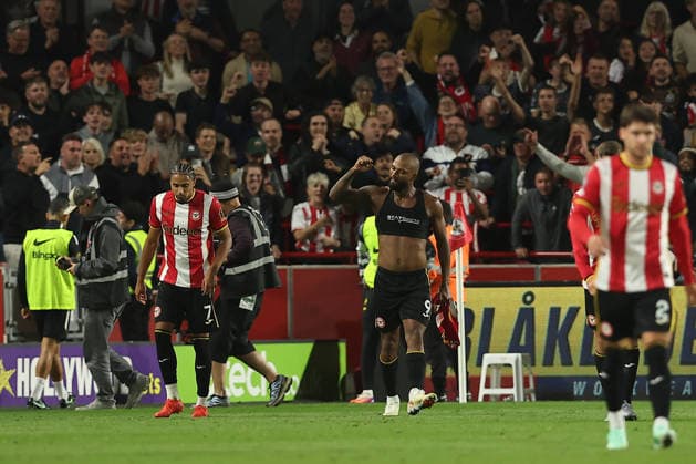 18th September 2026; Gtech Community Stadium, London, England; Premier League Football, Brentford versus Chelsea; Igor Thiago of Brentford celebrates his goal in the 83rd minute KatiexChan