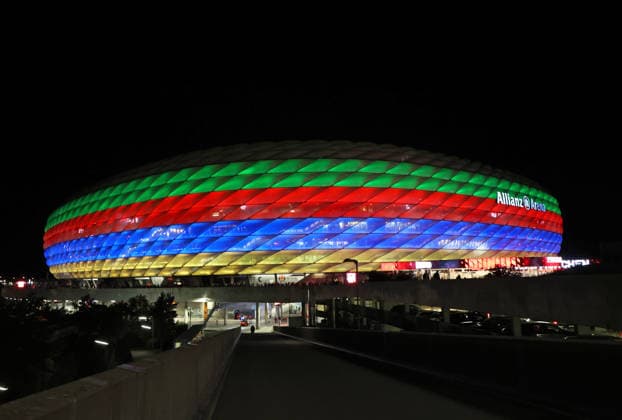 Soccer, Men s, Bundesliga, 2026–2027 Season, FC Bayern Munich vs. 1. FC Union Berlin, Allianz Arena; The Allianz Arena illuminated with special lighting after the game; Olympic bid; Olympics; DFB; DFL regulations prohibit any use of photographs as image sequences and or quasi-video