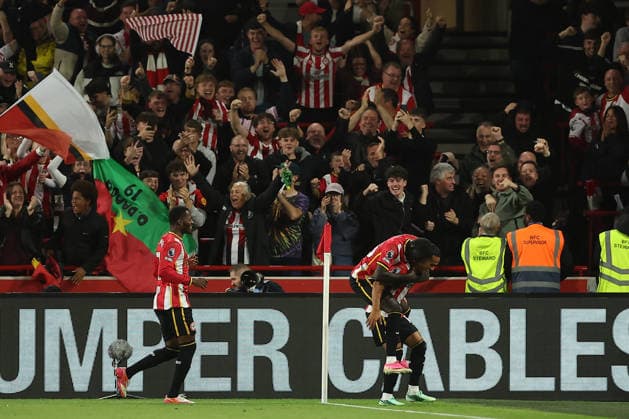 18th September 2026; Gtech Community Stadium, London, England; Premier League Football, Brentford versus Chelsea; Fabio Carvalho of Brentford celebrates his goal in the 90th+4 minute for 3-0 KatiexChan