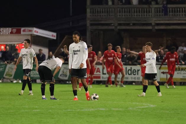 September 18, 2026, Soccer, Men s, 2026–2027 Season, Bavarian Regional League, Matchday 10: TSV Buchbach vs. FC Schweinfurt 05; Schweinfurt players are disappointed after the 1–3 loss; Buchbach SMR Arena, Bavaria, Germany