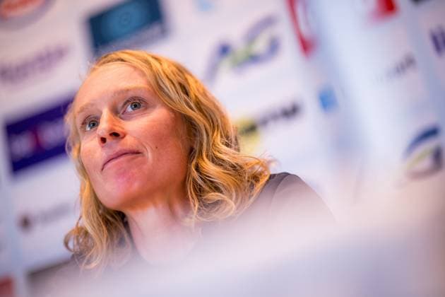 Belgian Lotte Claes talks to the press during a press conference, PK, Pressekonferenz before the cycling World Championship, WM, Weltmeisterschaft in Montreal, Canada, Friday 18 September 2026. The UCI road world championships are taking place from 20 to 27 September, in Montreal, Canada. JASPERxJACOBS  x186886078x