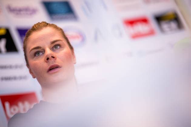 Belgian Lotte Kopecky talks to the press during a press conference, PK, Pressekonferenz before the cycling World Championship, WM, Weltmeisterschaft in Montreal, Canada, Friday 18 September 2026. The UCI road world championships are taking place from 20 to 27 September, in Montreal, Canada. JASPERxJACOBS  x186886060x