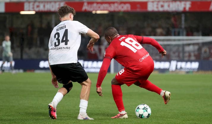 September 18, 2026, xfsx, Men s, Soccer, 2026–2027 Season, 3rd Division, Matchday 7: SC Verl vs. FC Würzburger Kickers (from left: Janne Berner, SC Verl; Franck Evina, FC Würzburger Kickers) at Verl Sportclub Arena, North Rhine-Westphalia, Germany