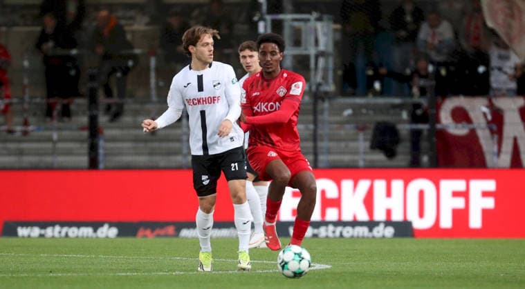 September 18, 2026, xfsx, Men s, Soccer, 2026–2027 Season, 3rd Division, Matchday 7: SC Verl vs. FC Würzburger Kickers; from left: Mika Clausen (SC Verl), Namrud Embaye (FC Würzburger Kickers); Verl Sportclub Arena, North Rhine-Westphalia, Germany