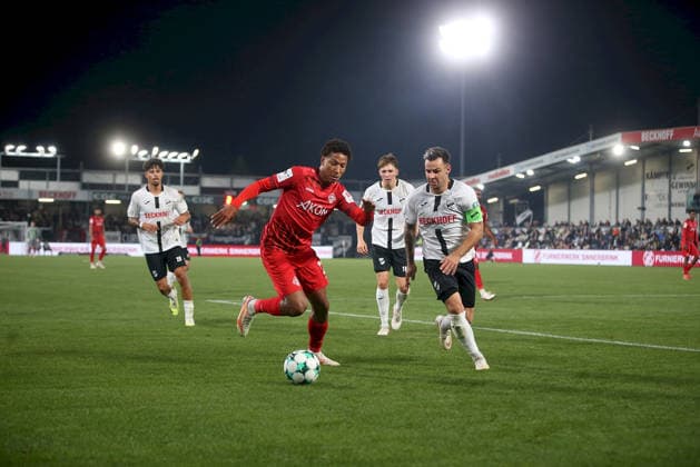 September 18, 2026, xfsx, Men s, Soccer, 2026–2027 Season, 3rd Division, Matchday 7: SC Verl vs. FC Würzburger Kickers. From left: Andre Leipold (SC Verl), Liam Omore (FC Würzburger Kickers), Fabian Wessig (SC Verl), Niko Kijewski (SC Verl). SC Verl Arena, North Rhine-Westphalia, Germany