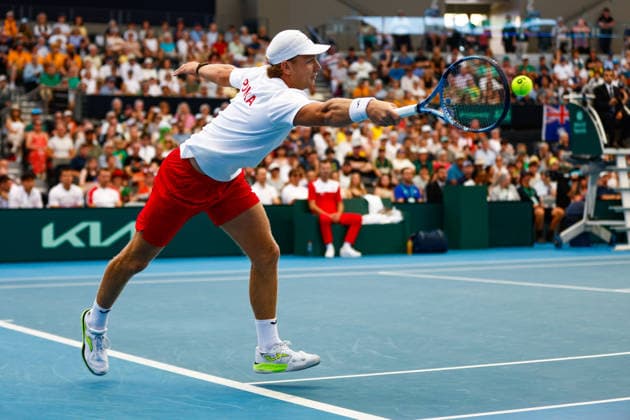 TENNIS DAVIS CUP AUSTRALIA POLAND, Maks KaÅ›nikowski of Poland plays a shot during the Davis Cup match between Australia and Poland at Pat Rafter Arena in Brisbane, Saturday, September 19, 2026. ( NO ARCHIVING, EDITORIAL USE ONLY  Copyright: xRUSSELLxFREEMANx 20260919111250392875