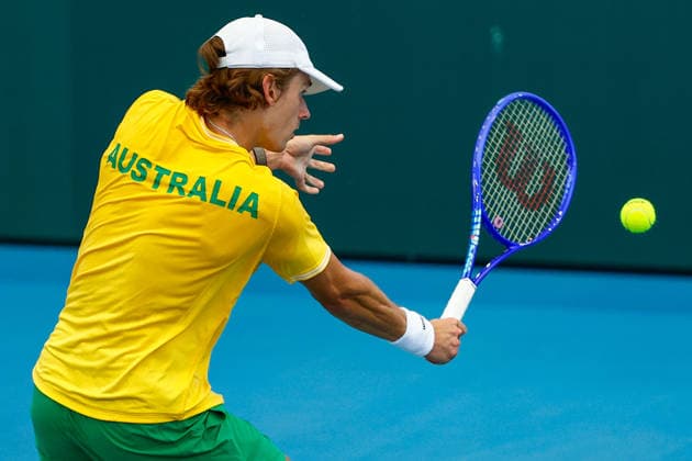 TENNIS DAVIS CUP AUSTRALIA POLAND, Alex de Minaur of Australia plays a backhand during the Davis Cup match between Australia and Poland at Pat Rafter Arena in Brisbane, Saturday, September 19, 2026. ( NO ARCHIVING, EDITORIAL USE ONLY  Copyright: xRUSSELLxFREEMANx 20260919187676007139