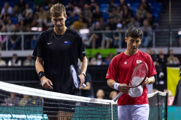 James Watt (NZL) and Sho Shimabukuro (JPN) after match 2, James Watt (NZL) vs Sho Shimabukuro (JPN) during Round 1 Davis Cup Tennis at Trusts Arena, Auckland, New Zealand on Saturday 19 September 2026. Photo: Joshua Devenie z Copyright: xx