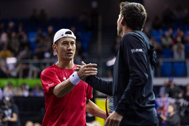 Sho Shimabukuro (JPN) and New Zealand Captain Artem Sitak (NZL) after match 2, James Watt (NZL) vs Sho Shimabukuro (JPN) during Round 1 Davis Cup Tennis at Trusts Arena, Auckland, New Zealand on Saturday 19 September 2026. Photo: Joshua Devenie z Copyright: xx