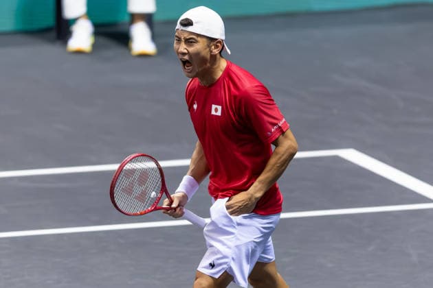 Sho Shimabukuro (JPN) celebrates winning the second set during match 2, James Watt (NZL) vs Sho Shimabukuro (JPN) during Round 1 Davis Cup Tennis at Trusts Arena, Auckland, New Zealand on Saturday 19 September 2026. Photo: Joshua Devenie z Copyright: xx