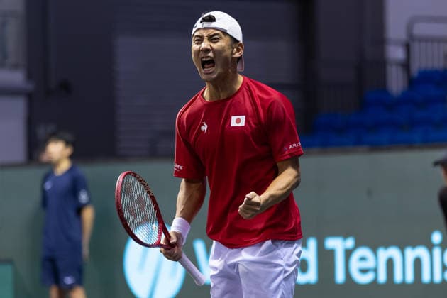 Sho Shimabukuro (JPN) celebrates after winning match 2, James Watt (NZL) vs Sho Shimabukuro (JPN) during Round 1 Davis Cup Tennis at Trusts Arena, Auckland, New Zealand on Saturday 19 September 2026. Photo: Joshua Devenie z Copyright: xx