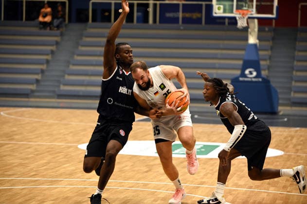 JJ Mann ETB Miners vs. Rheinstars Cologne, September 18, 2026; JJ Mann ETB Miners, exhibition game between ETB Miners and Rheinstars Cologne; final score 86–78 at the Sporthalle am Hallo on September 18, 2026, in front of 250 spectators