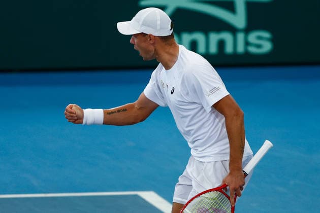TENNIS DAVIS CUP AUSTRALIA POLAND, Kamil Majchrzak of Poland celebrates during the Davis Cup match between Australia and Poland at Pat Rafter Arena in Brisbane, Saturday, September 19, 2026. ( NO ARCHIVING, EDITORIAL USE ONLY  Copyright: xRUSSELLxFREEMANx 20260919164832576327