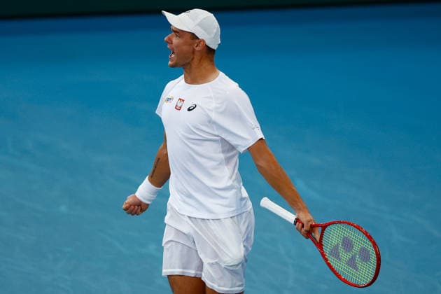 TENNIS DAVIS CUP AUSTRALIA POLAND, Kamil Majchrzak of Poland celebrates during the Davis Cup match between Australia and Poland at Pat Rafter Arena in Brisbane, Saturday, September 19, 2026. ( NO ARCHIVING, EDITORIAL USE ONLY  Copyright: xRUSSELLxFREEMANx 20260919191792228681