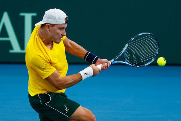 TENNIS DAVIS CUP AUSTRALIA POLAND, James Duckworth of Australia plays a backhand during the Davis Cup match between Australia and Poland at Pat Rafter Arena in Brisbane, Saturday, September 19, 2026. ( NO ARCHIVING, EDITORIAL USE ONLY  Copyright: xRUSSELLxFREEMANx 20260919121654954465