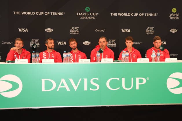 Davis Cup Draw Ceremony: Germany vs. Croatia; Team Croatia: L-R Nikola Mektic, Mate Pavic,Dino Prizmic, Captain Ivan Dodig, Matej Dodig, Mili Poljicak, Heristo Arena, Halle Westf, Germany; Tennis; Davis Cup 2026; Davis Cup; Heristo Arena; Halle West; North Rhine-Westphalia, Germany; September 18, 2026 Copyright: xJuergenxHasenkopfx