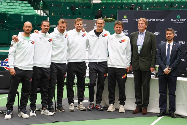 Davis Cup Draw Ceremony: Germany vs. Croatia; Team Germany (from left to right): Tim Puetz, Daniel Altmaier, Kevin Krawietz, Yannick Hanfmann, Alexander Zverev, Michael Kohlmann, Davis Cup Captain, Dietloff von Arnim, DTB President, Ivan Martinez Barredo, ITF Referee, Heristo Arena, Halle Westf, Germany Copyright: xJuergenxHasenkopfx