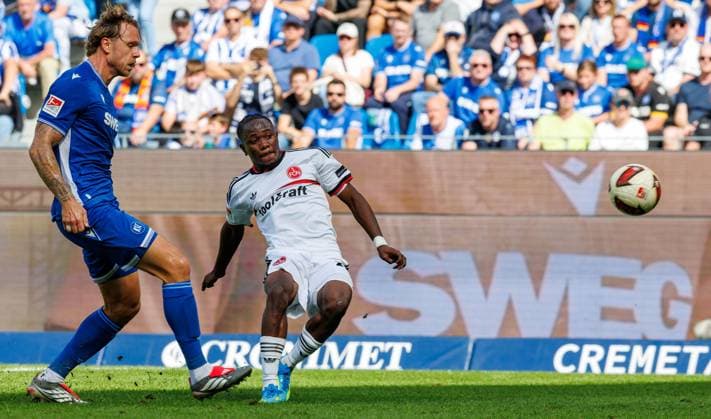 September 19, 2026 Soccer Season 2026–2027, Matchday 2, Bundesliga, Karlsruher SC (KSC) vs. 1. FC Nürnberg (FCN), Club Sports Photo by Zink DaMa xdaxmax. DFL regulations prohibit any use of photographs as image sequences and or quasi-video For editorial use only. Goal: Shot on goal for the 0–1. Goal scorer: Mohamed Ali Zoma, 23, 1. FC Nürnberg (FCN)