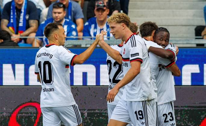 September 19, 2026 Soccer Season 2026–2027, Matchday 2, Bundesliga 2: Karlsruher SC (KSC) vs. 1. FC Nürnberg (FCN) Club Sports Photo by Zink DaMa xdaxmax DFL regulations prohibit any use of photographs as image sequences and or quasi-video For editorial use only: Celebration, joy, goal celebration after the 0–1 goal by Mohamed Ali Zoma, 23, 1 FC Nürnberg (FCN), and the team celebrating; goal scorer Mohamed Ali Zoma, 23, 1 FC Nürnberg (FCN)