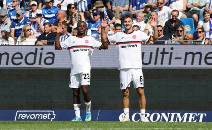 September 19, 2026 Soccer Season 2026–2027 Matchday 2 Bundesliga Karlsruher SC (KSC) vs. 1. FC Nürnberg (FCN) Club Sports Photo Zink DaMa xdaxmax DFL regulations prohibit any use of photographs as image sequences and or quasi-video for editorial use only; celebration, joy, goal celebration after the 0–1 goal by Mohamed Ali Zoma (23, 1), 1. FC Nürnberg (FCN); Adam Markhiev (6, 1), 1. FC Nürnberg (FCN), celebrating and rejoicing; goal scorer Mohamed Ali Zoma (23, 1), 1. FC Nürnberg (FCN)