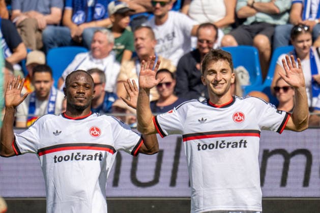 September 19, 2026, xdaymx, Soccer 2. Bundesliga, Karlsruher SC 1 FC Nürnberg – Goal celebration for the 0–1 by Mohamed Alì Zoma (1 FC Nürnberg) and Adam Markiev (1 FC Nürnberg) – DFL and DFB regulations prohibit any use of photographs as image sequences and or quasi-video Karlsruhe