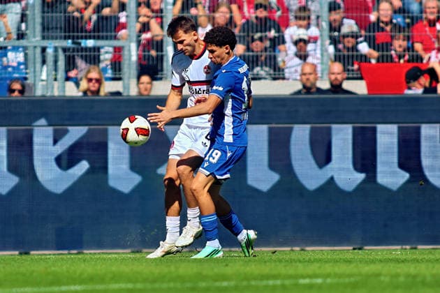 From left in a one-on-one situation: Adam Markhiyev (FC Nuremberg), 6; Louey Ben Farhat (SC Karlsruhe), 19 GER, SC Karlsruhe vs. FC Nuremberg Soccer, Matchday 6, 2026–2027 Season, 2. Bundesliga, September 19, 2026. DFL and DFB regulations prohibit any use of photographs as image sequences and or quasi-video. GER SC Karlsruhe vs. FC Nuremberg Soccer Matchday 6, 2026–2027 Season, September 19, 2026 Copyright: xEibner-Pressefoto JoergxHirschx EP_JHH