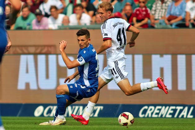 From left in a one-on-one situation: Marvin Wanitzek (SC Karlsruhe), 10; Eric Porstner (FC Nuremberg), 41 (GER), SC Karlsruhe vs. FC Nuremberg Soccer Match Day 6, 2026–2027 Season, 2. Bundesliga, September 19, 2026. DFL and DFB regulations prohibit any use of photographs as image sequences and or quasi-video. GER SC Karlsruhe vs. FC Nuremberg Soccer Matchday 6, 2026–2027 Season, September 19, 2026 Copyright: xEibner-Pressefoto JoergxHirschx EP_JHH