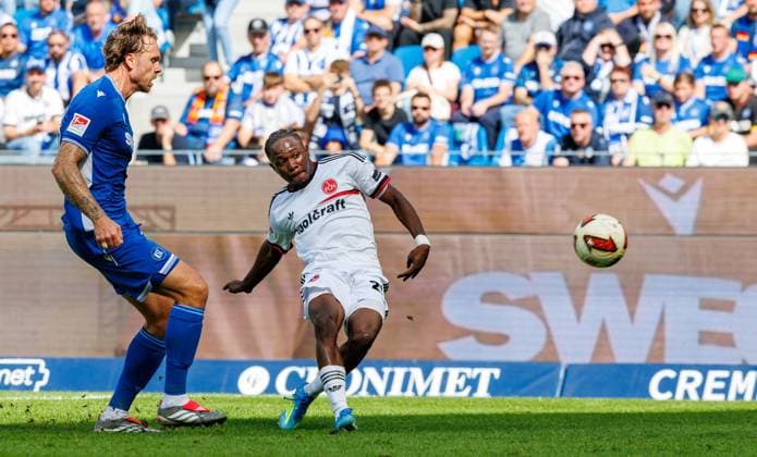 September 19, 2026 Soccer Season 2026–2027 Matchday 2 Bundesliga Karlsruher SC (KSC) vs. 1. FC Nürnberg (FCN) Club Sports Photo Zink DaMa xdaxmax DFL regulations prohibit any use of photographs as image sequences and or quasi-video For editorial use only. Goal: Shot on goal resulting in a 0–1 score. Goal scorer: Mohamed Ali Zoma, 23, 1 FC Nürnberg (FCN)