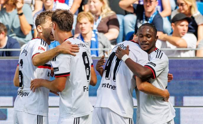 September 19, 2026 Soccer Season 2026–2027, Matchday 2, Bundesliga, Karlsruher SC (KSC) vs. 1. FC Nürnberg (FCN), Club Sports Photo by Zink DaMa xdaxmax. DFL regulations prohibit any use of photographs as image sequences and or quasi-video For editorial use only: celebration, joy, goal celebration after scoring the 0–1 goal by Mohamed Ali Zoma (23, 1), 1. FC Nürnberg (FCN), and the team celebrating; goal scorer Mohamed Ali Zoma (23, 1), 1. FC Nürnberg (FCN)
