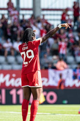 Edna Imade, 29, from Bavaria, celebrates the goal that made the score 2–0 during the Google Pixel Women s Bundesliga match between FC Bayern Munich and 1. FC Köln on September 19, 2026, at the FC Bayern Campus in Munich, Bavaria, Germany