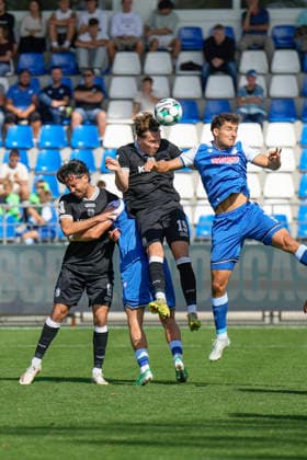 September 19, 2026, Dietmar Hopp Stadium, Hoffenheim, GER, 3rd Division, Matchday 7: TSG 1899 Hoffenheim II vs. SV Meppen, header by Luis Sprekelmeyer (SV Meppen 19), DFL regulations prohibit any use of photographs as image sequences and or quasi-video. Hoffenheim, Baden-Württemberg, Dietmar Hopp Stadium