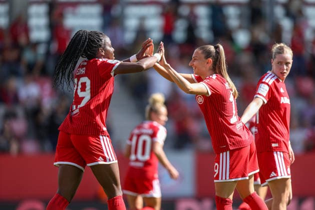 GER, Munich, FC Bayern Munich vs. FC Cologne, Google Pixel Women s Bundesliga, Soccer, DFB, 2026–2027 Season, FC Bayern Campus, Matchday 5 in Pictures by Edna Imade, FC Bayern Munich Women 29, Goal, Celebration and Joy, Emotions with Katharina Naschenweng, FC Bayern Munich Women’s Team 19. DFB and DFL regulations prohibit any use of photographs as image sequences and or quasi-video. September 19, 2026 Copyright: HMBxMedia HendrikxHamelau