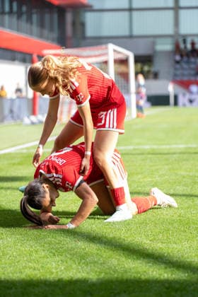 Jovana Damnjanovic (9, Bayern) and Sophie Proost (23, FC Bayern) celebrate the 1-0 goal during the Google Pixel Women s Bundesliga match between FC Bayern Munich and 1. FC Köln on September 19, 2026, at the FC Bayern Campus in Munich, Bavaria, Germany