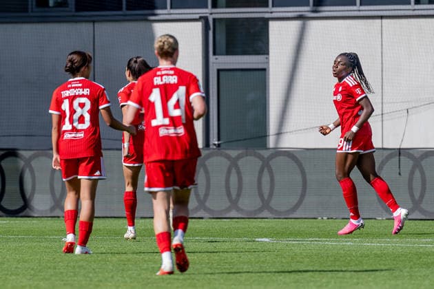 Edna Imade of FC Bayern Munich Women, 29, celebrates her second goal in the 3–0 win over 1. FC Köln, soccer, Google Pixel Women’s Bundesliga, Matchday 5, 2026–2027 season, September 19, 2026 DFL DFB regulations prohibit any use of photographs as image sequences and or quasi-video. Photo: HMB Media, Heike Feiner Copyright: HMBxMedia HeikexFeiner