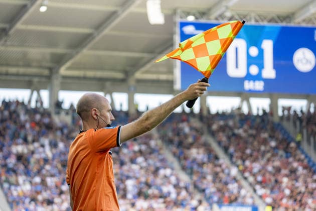 September 19, 2026, xdaymx, Soccer 2. Bundesliga, Karlsruher SC 1 FC Nuremberg: Linesman Fabian Maibazm raises his flag to signal offside; no equalizer for KSC. DFL DFB REGULATIONS PROHIBIT ANY USE OF PHOTOGRAPHS AS IMAGE SEQUENCES AND OR QUASI-VIDEO. Karlsruhe