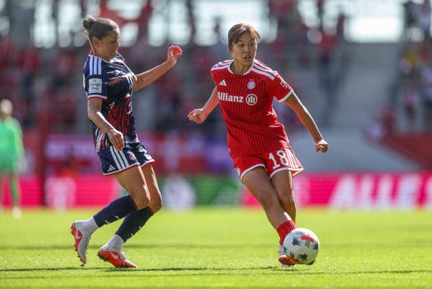 GER, Munich, FC Bayern Munich vs. FC Cologne, Google Pixel Women s Bundesliga, Soccer, DFB, 2026–2027 Season, FC Bayern Campus, Matchday 5 in Pictures: from left, Laura Feiersinger (FC Cologne Women, age 27), Momoko Tanikawa (FC Bayern Munich Women, age 18). DFB and DFL regulations prohibit any use of photographs as image sequences and or quasi-video, September 19, 2026 Copyright: HMBxMedia HendrikxHamelau