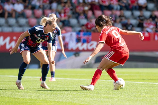 Sandra Maria Jessen (11, Cologne) and Jovana Damnjanovic (9, Bayern) in action during the Google Pixel Women s Bundesliga match between FC Bayern Munich and 1. FC Cologne on September 19, 2026, at the FC Bayern Campus in Munich, Bavaria, Germany