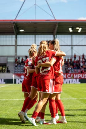 Jovana Damnjanovic 9 Bayern, Sophie Proost 23 FC Bayern, Sarah Mattner Trembleau 11 FC Bayern and Katharina Naschenweng 19 FC Bayern celebrate the 1–0 goal in the Google Pixel Women’s Bundesliga match between FC Bayern Munich and 1. FC Köln on September 19, 2026, at the FC Bayern Campus in Munich, Bavaria, Germany