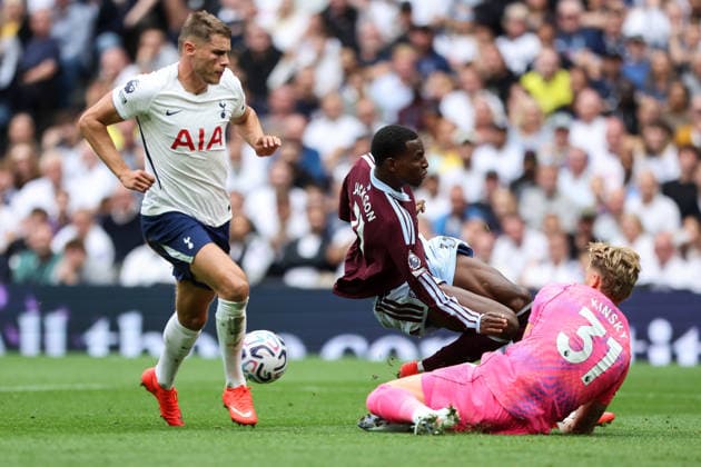 19th September 2026; Tottenham Hotspur Stadium, London, England; Premier League Football, Tottenham Hotspur versus Aston Villa; Nicolas Jackson of Aston Villa collides with Antonin Kinsky of Tottenham Hotspur HenningxVonxJagow