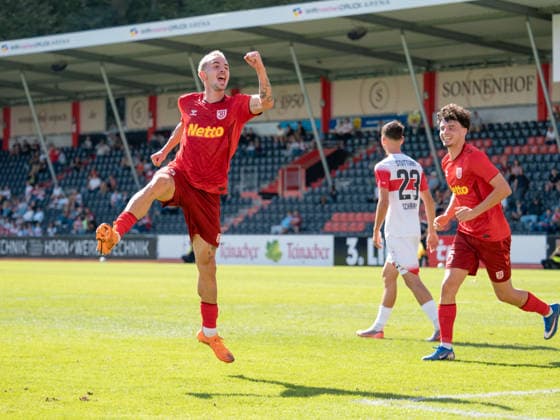 Goal to make it 0–3 by Sascha Hingerl of SSV Jahn Regensburg, 35 (left), Celebration with Nicolas Oliveira, SSV Jahn Regensburg, 25 GER, soccer, VfB Stuttgart II vs. SSV Jahn Regensburg, Landesliga 2, Matchday 8, Leinfelden-Echterdingen, 2026–2027 season, September 19, 2026, Germany, soccer, VfB Stuttgart II vs. SSV Jahn Regensburg, 3rd League, Matchday 8, 2026–2027 season, September 19, 2026, Leinfelden Echterdingen Copyright: xCarstenxSchweringx EP_CSG