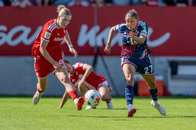 Battle for the Ball: Tackle between Alara Sehitler of FC Bayern Munich Women, 14, and Laura Feiersinger of 1. FC Köln, 27, GER, FC Bayern Munich Women vs. 1. FC Cologne, Soccer, Google Pixel Women’s Bundesliga, Matchday 5, 2026–2027 Season, September 19, 2026 DFL DFB regulations prohibit any use of photographs as image sequences and or quasi-video. Photo: HMB Media, Heike Feiner Copyright: HMBxMedia HeikexFeiner