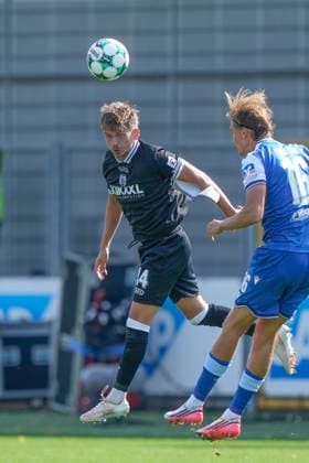 September 19, 2026, Dietmar Hopp Stadium, Hoffenheim, GER, 3. Liga, Matchday 7: TSG 1899 Hoffenheim II vs. SV Meppen, header by Thorben Deters, SV Meppen 14. DFL regulations prohibit any use of photographs as image sequences and or quasi-video. Hoffenheim, Baden-Württemberg, Dietmar Hopp Stadium