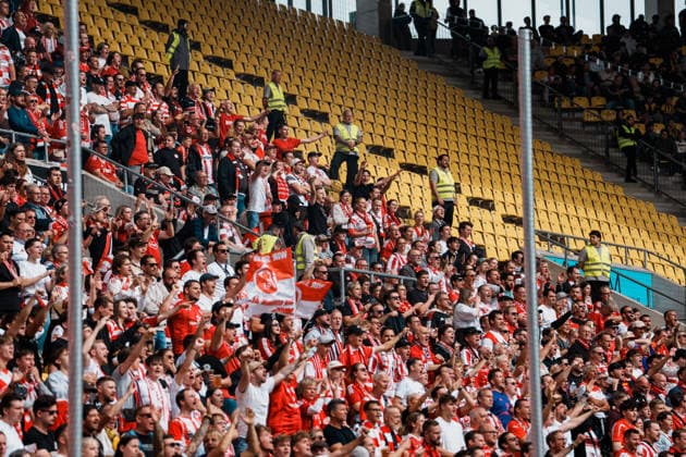 German Soccer 3rd Division 2026–2027, Matchday 7: Alemannia Aachen vs. Fortuna Düsseldorf at Tivoli Aachen; 5,000 Fortuna fans in the North Stand; away game; sold out; buffer section Copyright: xThiemoxRudolphx
