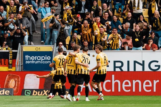 Germany Soccer 3rd Division 2026–2027, Matchday 7: Alemannia Aachen vs. Fortuna Düsseldorf at Tivoli Aachen, 1–0; celebration, goal, lead, score, joy, partying, emotions—scored by Lukas Scepanik of Alemannia Aachen, 7 Copyright: xThiemoxRudolphx