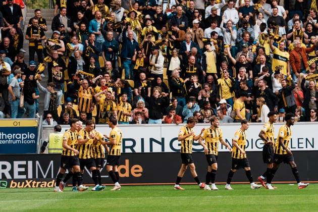 Germany Soccer 3rd Division 2026–2027, Matchday 7: Alemannia Aachen vs. Fortuna Düsseldorf at Tivoli Aachen, 1–0; celebration, goal, lead, score, joy, partying, emotions—scored by Lukas Scepanik of Alemannia Aachen, 7 Copyright: xThiemoxRudolphx