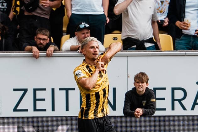 Germany Soccer 3rd Division 2026–2027, Matchday 7: Alemannia Aachen vs. Fortuna Düsseldorf at Tivoli Aachen, 1–0; celebration, goal, lead, score, joy, partying, emotions—scored by Lukas Scepanik of Alemannia Aachen, 7 Copyright: xThiemoxRudolphx