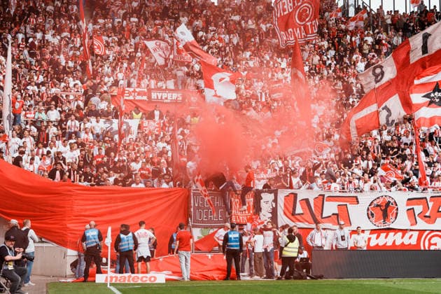 Germany Soccer 3rd Division 2026–2027, Matchday 7: Alemannia Aachen vs. Fortuna Düsseldorf at Tivoli Aachen—Team, Fans, Away Game, Sold Out, Smoke, Pyrotechnics Copyright: xThiemoxRudolphx