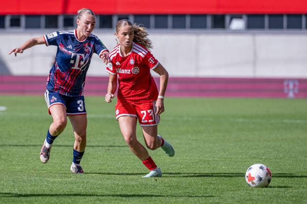 Battle for the Ball: One-on-one duel between Sophie Nachtigall (1. FC Köln, 30) and Sophie Proost (FC Bayern Munich Women, 23), GER, FC Bayern Munich Women vs. 1 FC Cologne, soccer, Google Pixel Women’s Bundesliga, Matchday 5, 2026–2027 season, September 19, 2026. DFL and DFB regulations prohibit any use of photographs as image sequences and or quasi-video. Photo: HMB Media, Heike Feiner Copyright: HMBxMedia HeikexFeiner